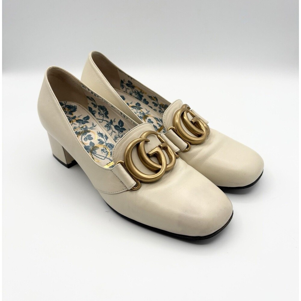 Gucci Victoire GG Block Heel Pumps White/Cream Leather Gold GG Buckle Sz EU 36 - Picture 5 of 14